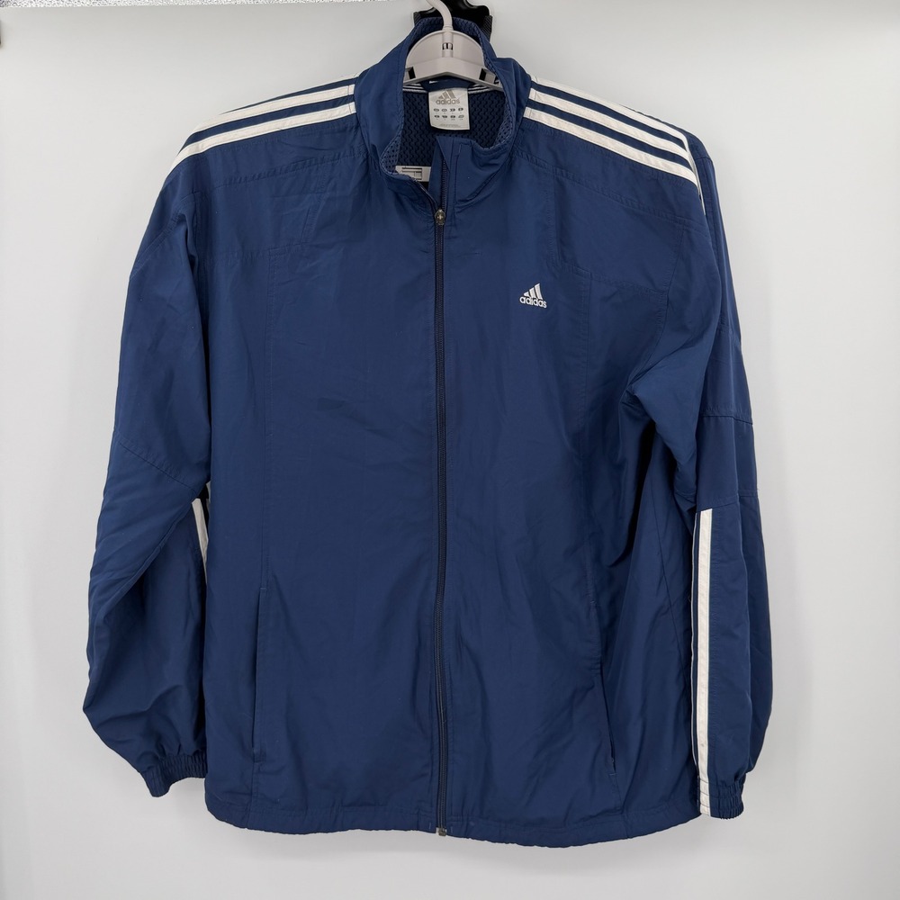 Vintage Y2K Adidas Mens Navy Blue Three Stripe Full Zip Windbreaker Jacket XL